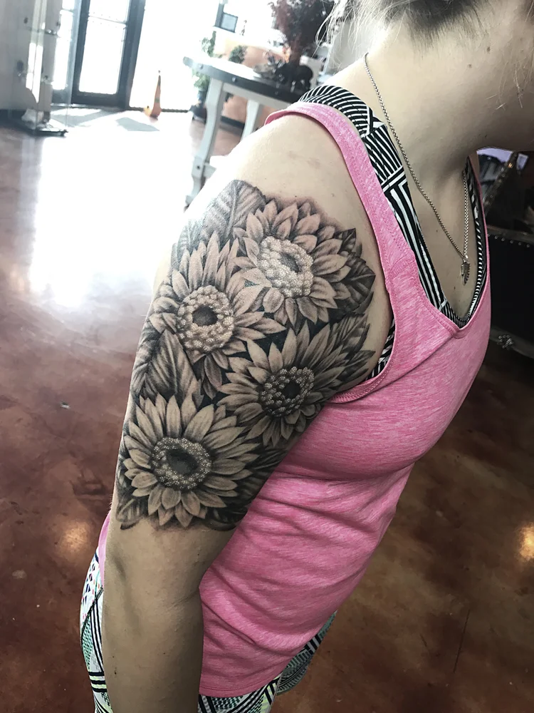 Black and grey floral half sleeve with sunflowers