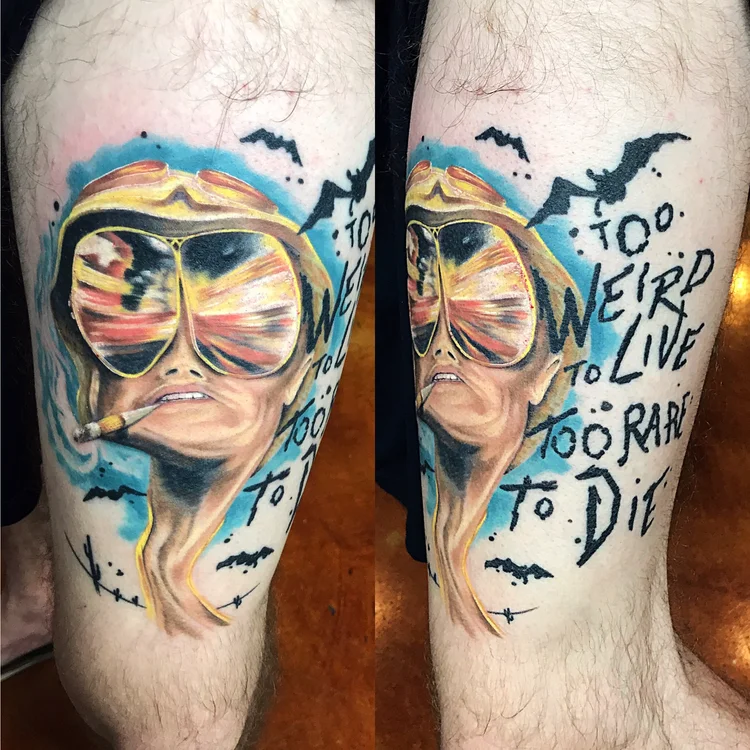 Color portrait tattoo with sunglasses, bats and hand-lettered quote