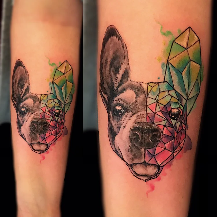 Color geometric dog portrait with crystals on the forearm