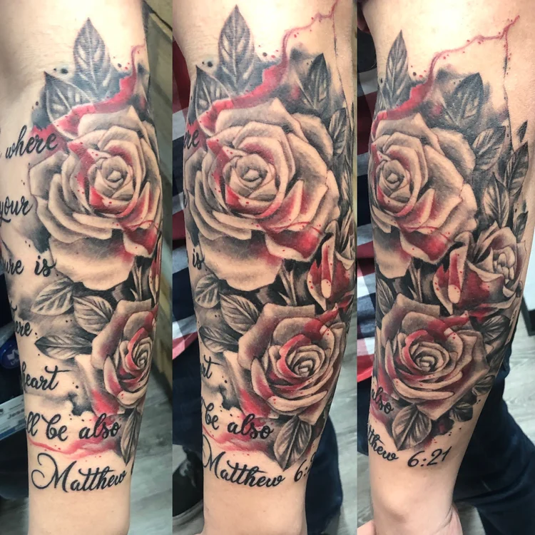 Black and grey roses sleeve with scripture lettering