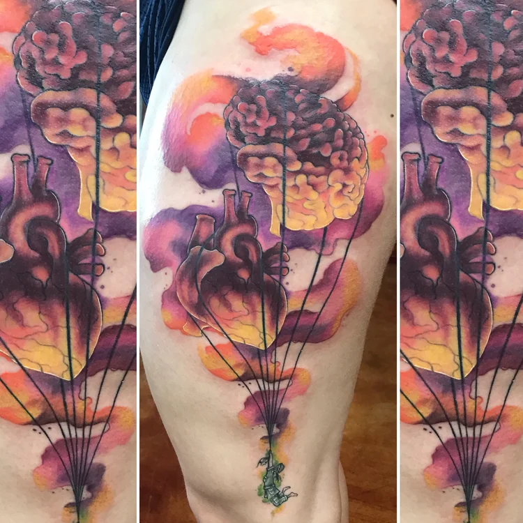 Watercolor anatomical heart with hot-air-balloon lines on the thigh