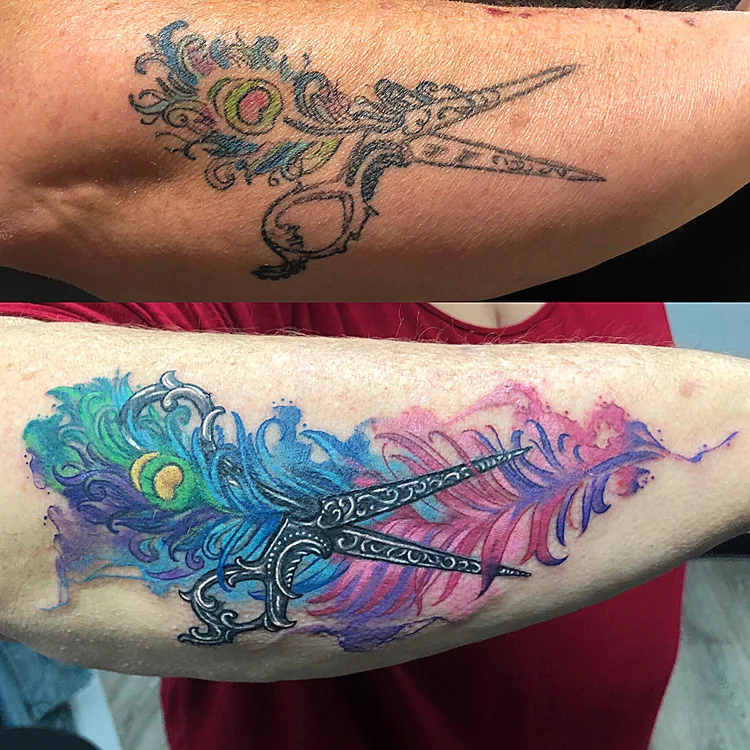 Watercolor peacock feather and shears on the forearm