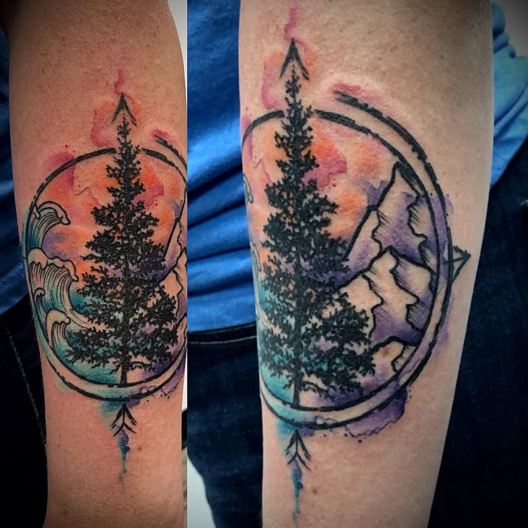 Watercolor pine tree landscape in a circle on the forearm